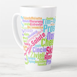 Farbenfrohe Wortkunst jubelt in vielen Sprachen Milchtasse