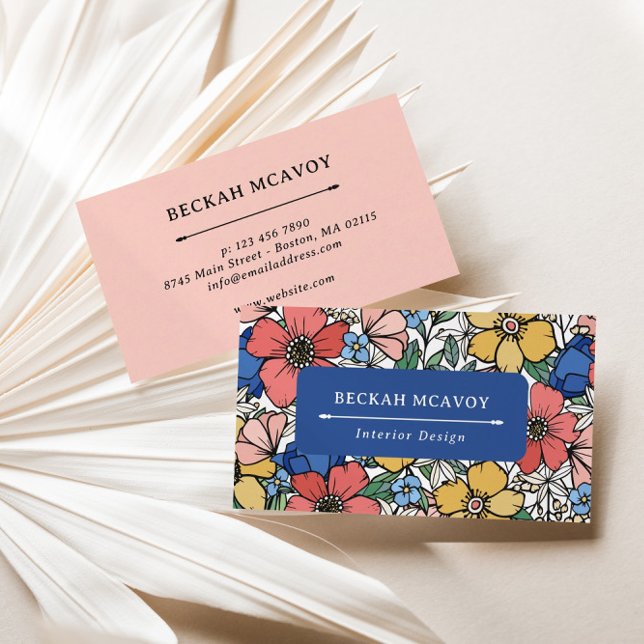 Farbenfrohe Yellow Blue Coral Floral Muster Busine Visitenkarte (Von Creator hochgeladen)