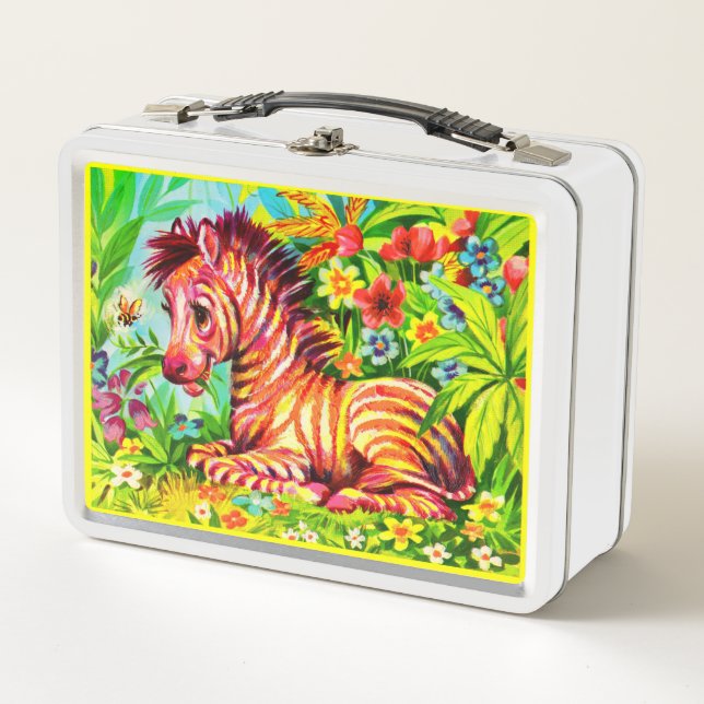 Farbenfrohe Zebradrucke der 60er Jahre Metall Brotdose (Vorderseite)