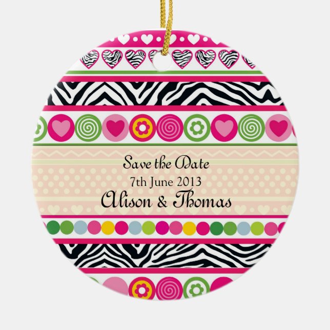 Farbenfrohe Zebraherzen "Save the Date" Ornament (Vorne)