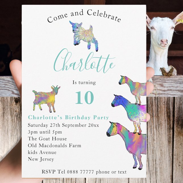 Farbenfrohe Ziegen Niedliche Tiere 10. Geburtstag (Cute goats farm animal themed 10th birthday party invitation with colorful animal art)