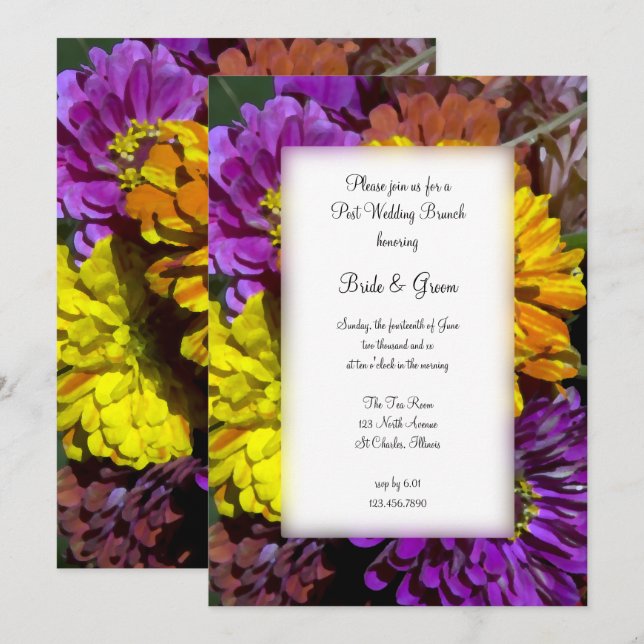 Farbenfrohe Zinnia-Blume Post Wedding Brunch Einladung (Vorne/Hinten)