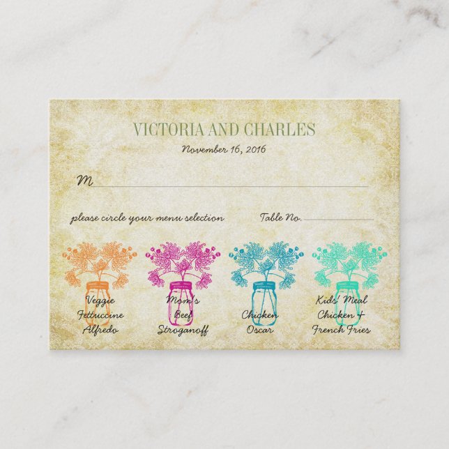 Farbenfrohe Zinnia Mason Jar Wild Blume Wedding Telefonnummerkarte (Vorderseite)