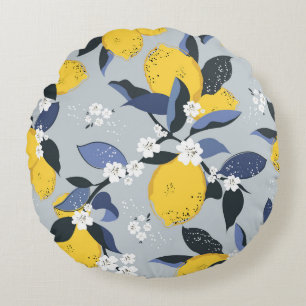 Farbenfrohe Zitronen: Zitrusblumenmuster Rundes Kissen