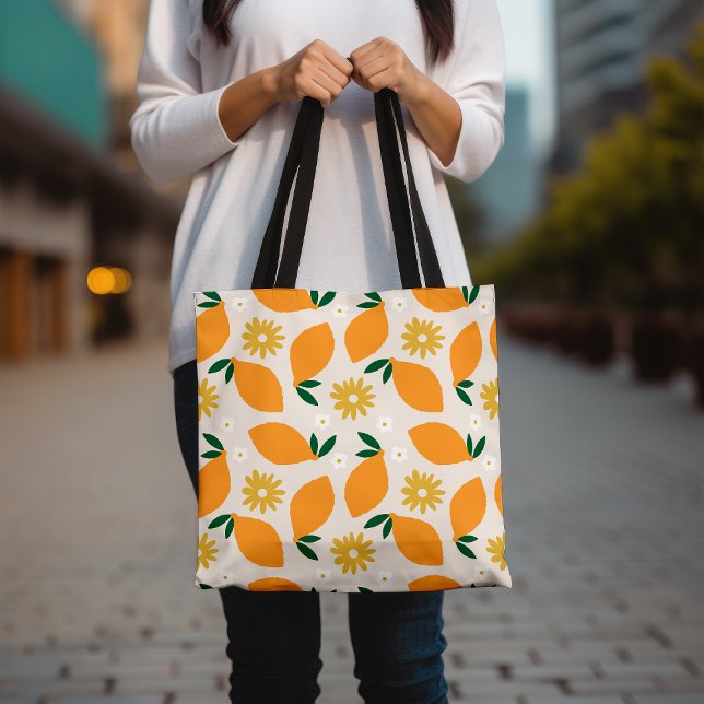Farbenfrohe Zitrusfrüchte Lemon und Daisy Floral M Tasche (Von Creator hochgeladen)
