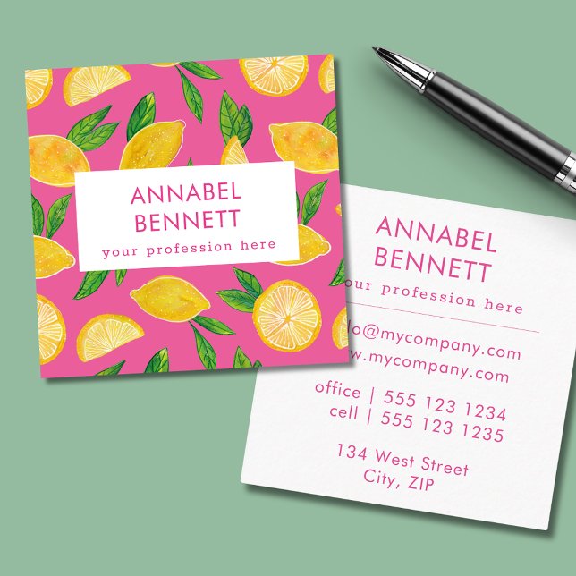Farbenfrohe Zitrusfrüchte Quadratische Visitenkarte (Citrus lemon pink professional square business cards.)