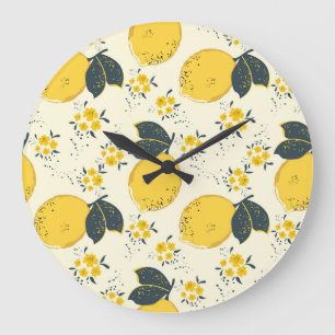 Farbenfrohe Zitrusfrüchte, Zitrone Blume. Große Wanduhr