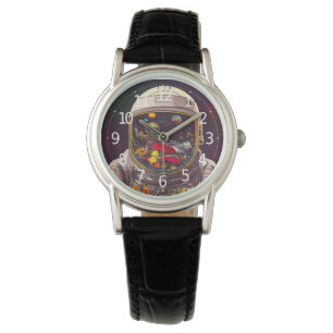Farbenfroher Astronaut im Weltraum mit Blume Kunst Armbanduhr