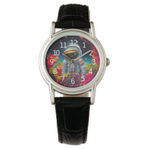 Farbenfroher Astronaut im Weltraum mit Blume Kunst Armbanduhr