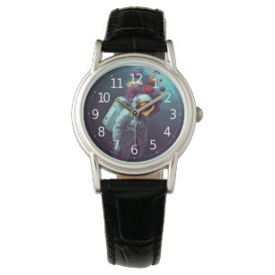 Farbenfroher Astronaut im Weltraum mit Blume Kunst Armbanduhr