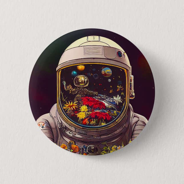 Farbenfroher Astronaut im Weltraum mit Blume Kunst Button (Vorderseite)