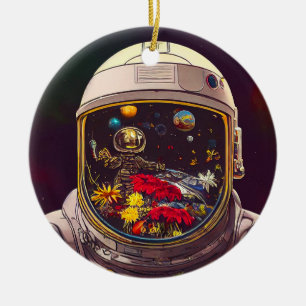 Farbenfroher Astronaut im Weltraum mit Blume Kunst Keramik Ornament