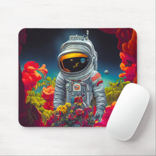 Farbenfroher Astronaut im Weltraum mit Blume Kunst Mousepad