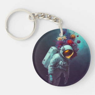 Farbenfroher Astronaut im Weltraum mit Blume Kunst Schlüsselanhänger