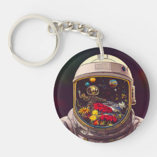 Farbenfroher Astronaut im Weltraum mit Blume Kunst Schlüsselanhänger