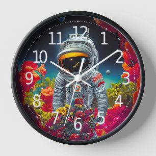 Farbenfroher Astronaut im Weltraum mit Blume Kunst Uhr