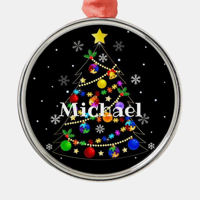 Farbenfroher Autismus Weihnachtsbaum Ornament Aus Metall (Vorne)