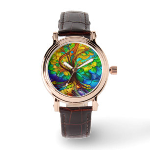 Farbenfroher Baum aus festem Glas Armbanduhr