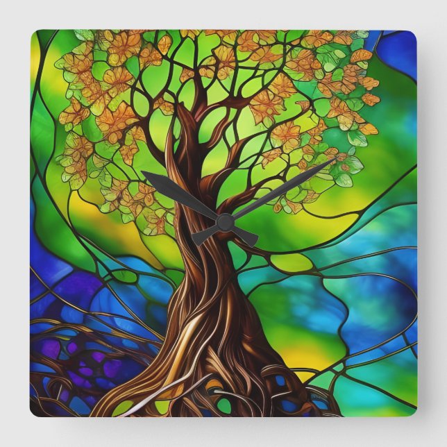 Farbenfroher Baum aus festem Glas - Look II Quadratische Wanduhr (Vorderseite)