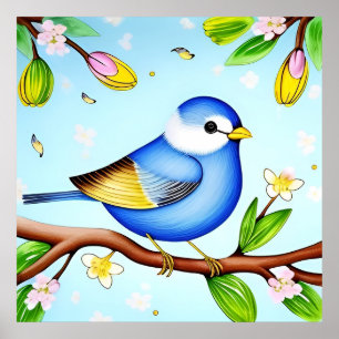 Farbenfroher blauer Vogel auf einem blühenden Ast Poster