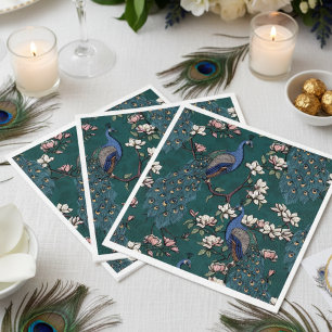 Farbenfroher Blaupfau und Magnolien Aquamarin Serviette