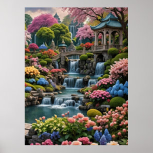 Farbenfroher Blumengarten mit Wasserfällen Poster
