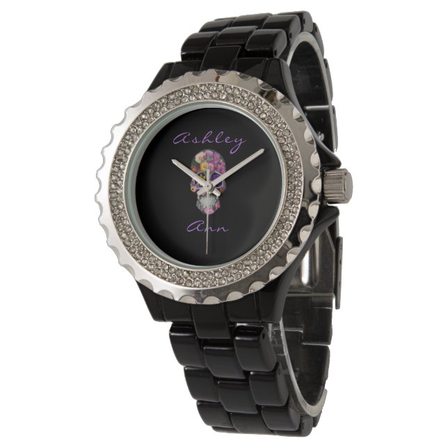 Farbenfroher Blumenzucker Schädeltag der Toten Armbanduhr (Schrägansicht)