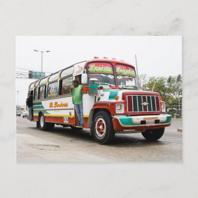 Farbenfroher Bus in Cartagena Postkarte (Vorderseite)