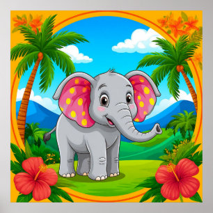 Farbenfroher Cartoon Elefant in tropischer Landsch Poster