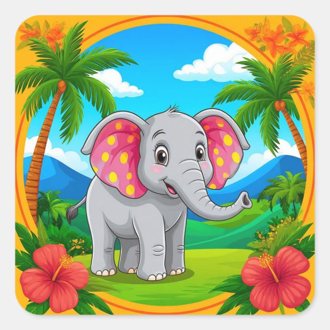 Farbenfroher Cartoon Elefant in tropischer Landsch Quadratischer Aufkleber (Vorderseite)