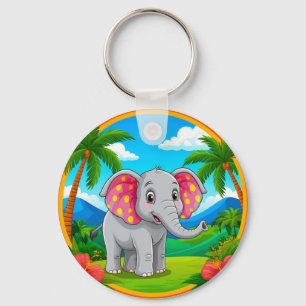 Farbenfroher Cartoon Elefant in tropischer Landsch Schlüsselanhänger