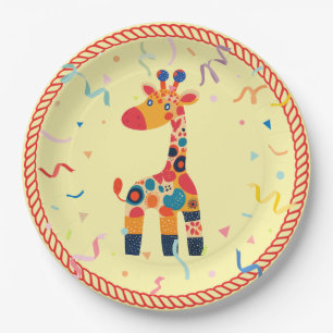 Farbenfroher Cartoon Giraffe mit Confetti Pappteller