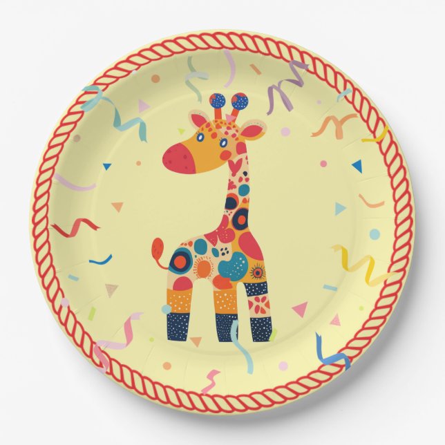 Farbenfroher Cartoon Giraffe mit Confetti Pappteller (Vorderseite)