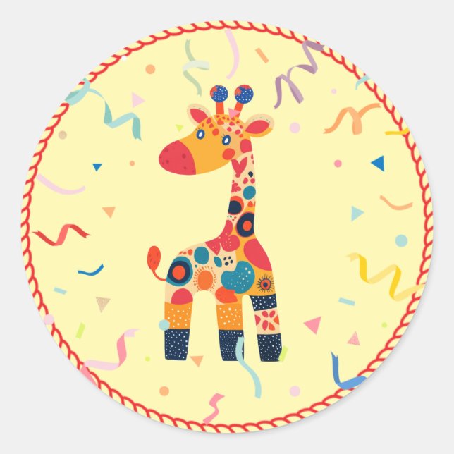 Farbenfroher Cartoon Giraffe mit Confetti Runder Aufkleber (Vorderseite)