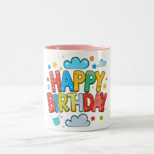 "Farbenfroher Cartoon Glücklich Geburtstag mit Wol Zweifarbige Tasse