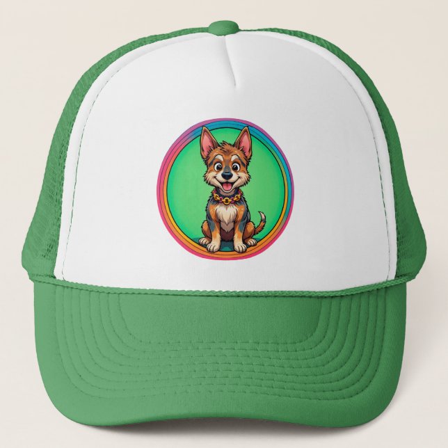 Farbenfroher Cartoon Happy Dog Truckerkappe (Vorderseite)