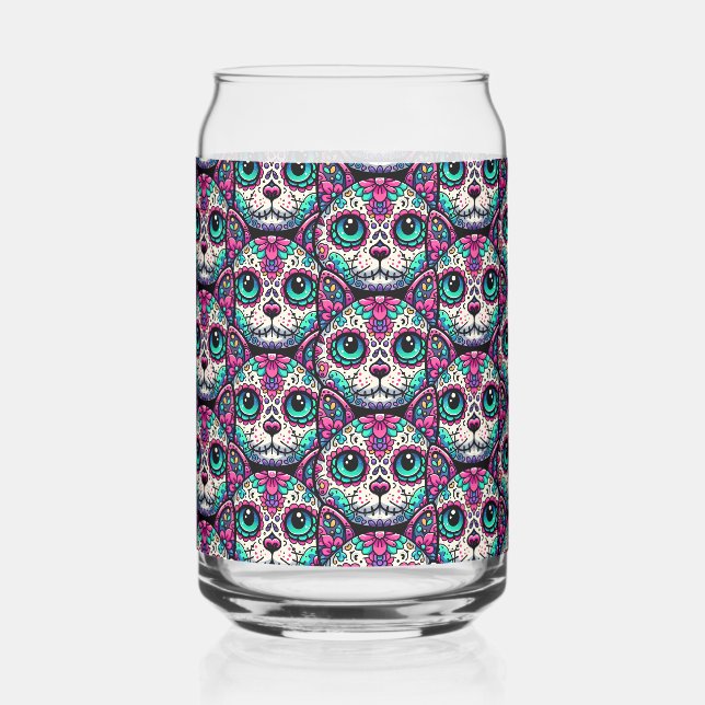 Farbenfroher Cat Sugar Skull Dosenglas (Vorderseite)