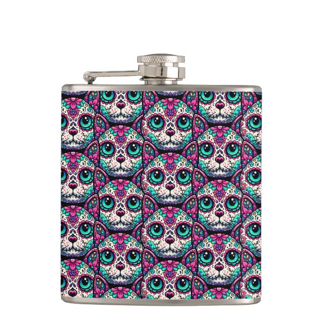 Farbenfroher Cat Sugar Skull Flachmann (Vorderseite)