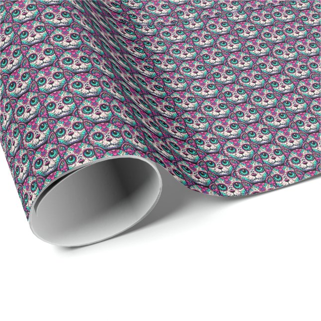 Farbenfroher Cat Sugar Skull Geschenkpapier (Rolleneckpunkt)