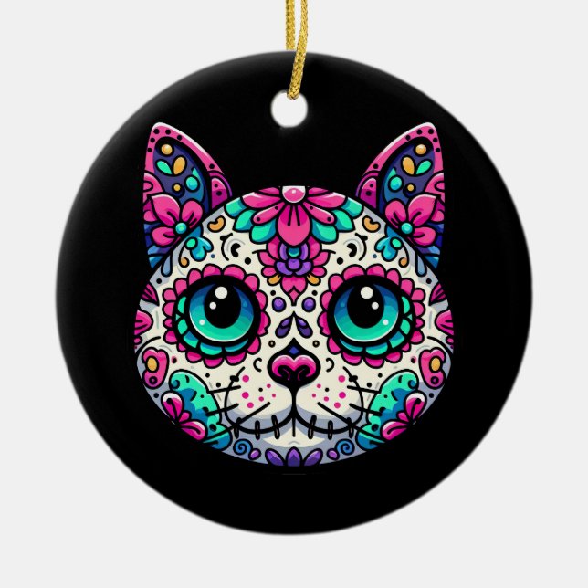 Farbenfroher Cat Sugar Skull Keramik Ornament (Vorne)