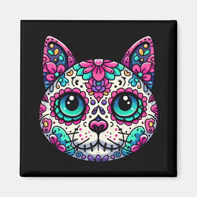 Farbenfroher Cat Sugar Skull Magnet (Vorne)