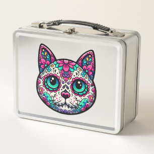 Farbenfroher Cat Sugar Skull Metall Brotdose