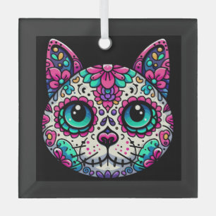 Farbenfroher Cat Sugar Skull Ornament Aus Glas