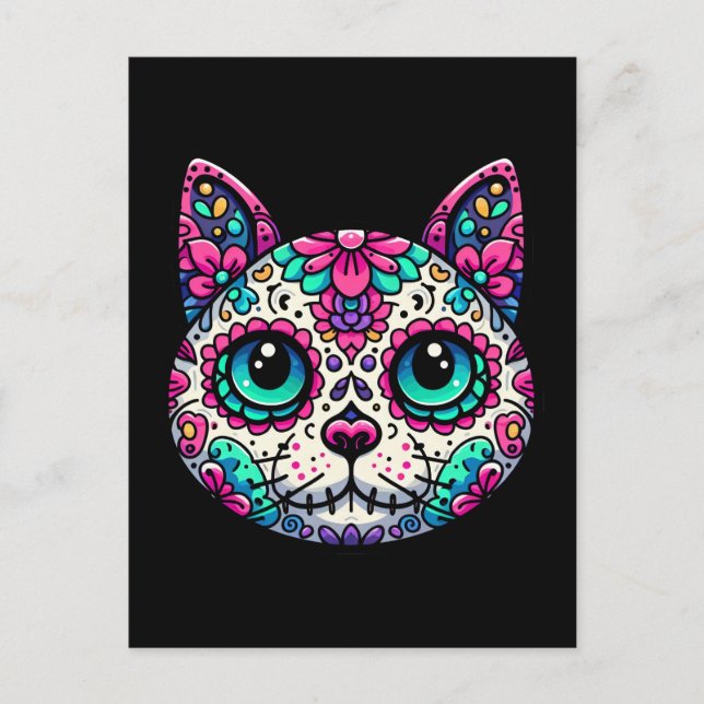 Farbenfroher Cat Sugar Skull Postkarte (Vorderseite)