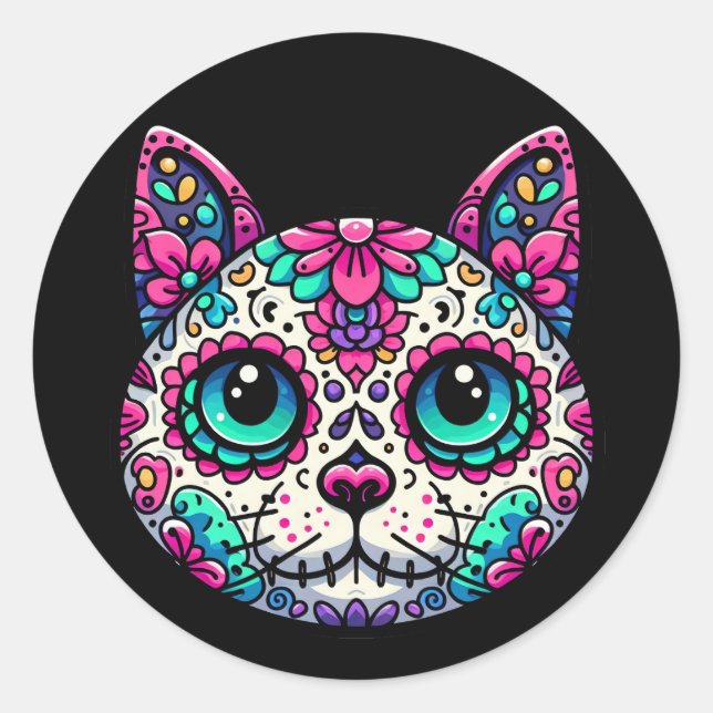 Farbenfroher Cat Sugar Skull Runder Aufkleber (Vorderseite)