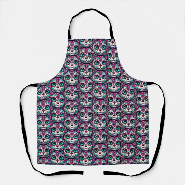 Farbenfroher Cat Sugar Skull Schürze (Vorderseite)