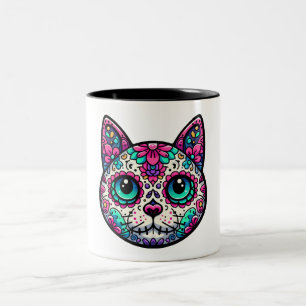 Farbenfroher Cat Sugar Skull Zweifarbige Tasse