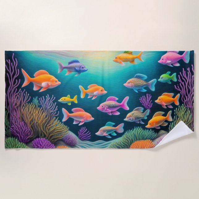 Farbenfroher Chalk Zeichnend Szene des Fischriffs Strandtuch (Vorderseite)