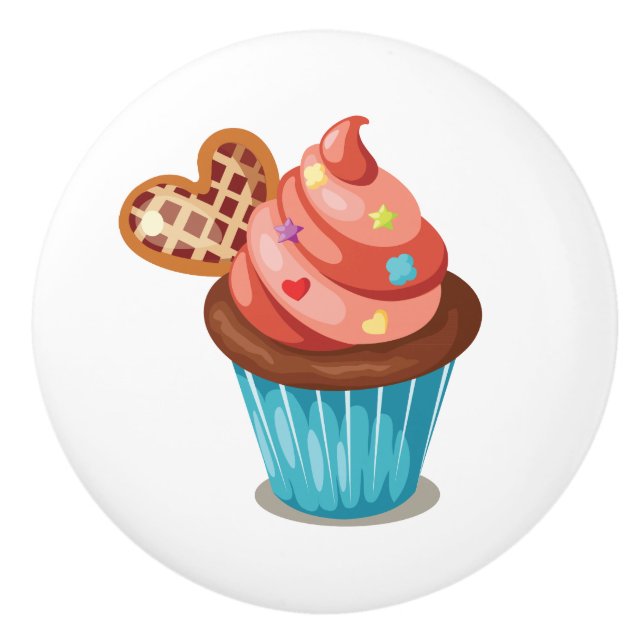 Farbenfroher Cupcake mit rosafarbenem Icing Keramikknauf (Vorderseite)