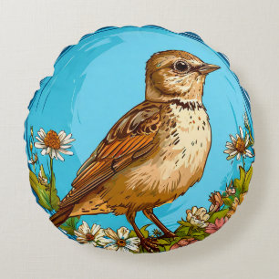 Farbenfroher eurasischer Skylark Bird Amid Bloomin Rundes Kissen